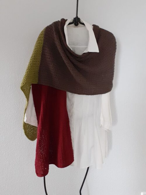 Schal de Luxe Tilda 02- Lindgrün- dunkelbraun- Weinrot- handgestrickt